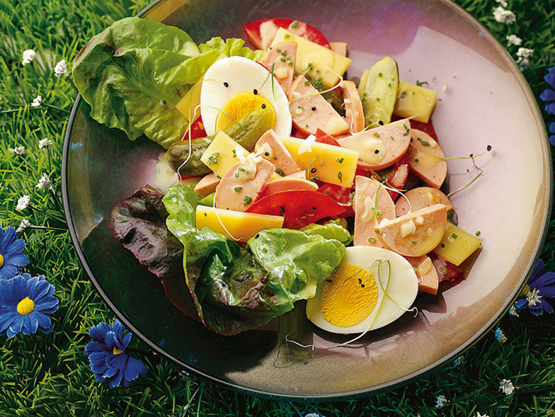 Ein Wurst-Käse-Salat «garni», wie er bei mancher Gelegenheit gerne genossen wird.